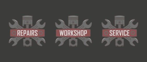 Fototapeta na wymiar Color illustration of the logo of a car repair shop and car service. Cross keys, piston and text