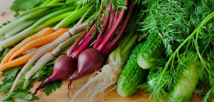 Healthy fresh vegetables from organic farm -  ingredients food market: beetroot, carrots, parsnips, parsley root, celeriac, leek and onions with chive, with fresh dill herb -  spring vegetable soup.