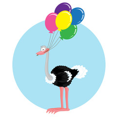Funny ostrich with balloons. Illustration. 