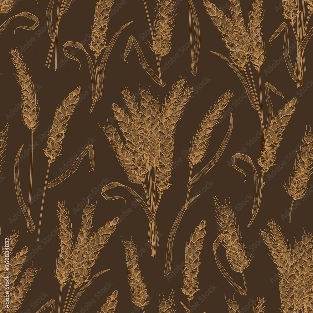 Poster seamless pattern with wheat ears or spikelets on black background. backdrop with cultivated cereal p