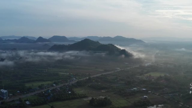 Aerial drone view of Pakbara small village during cloudy morning, Thailand