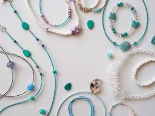 Bracelet and Necklace : Mixed beads isolated on white background with copy space for text 