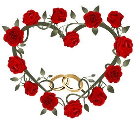 decorazione a forma di cuore con rose rosse  e anelli nuziali intrecciati per inviti di matrimonio