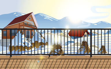 landscape of wooden house in the winter at balcony 