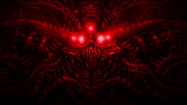 Opening doors inside premises. Terrible skull head of cybernetic organism with wires and mechanisms. Animation in genre of horror fiction. Red color background.