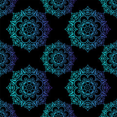 Mandala seamless pattern with floral and geometrical ornament. Arabic, Islamic, indian, japanese motifs in a retro style.