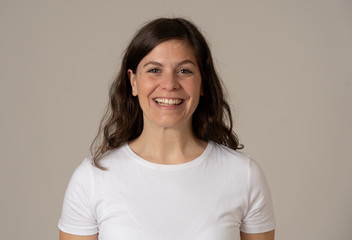 Fototapeta premium Portrait of young attractive cheerful woman with smiling happy face. Human expressions and emotions