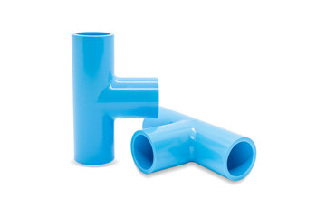 Blue pvc plastic pipe T-joint fitting connect 3 pipe isolated white background.