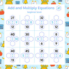 Addition and Multiplication Math Puzzle Set. Mathematical educational game. Vector Illustration.