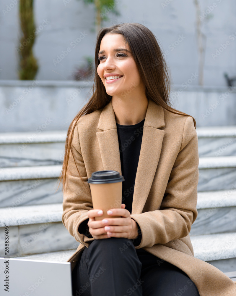 Poster Beautiful young woman wearing autumn coat