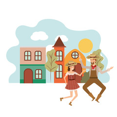 farmers couple dancing with background houses