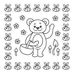 Coloring book page with bear and bee. Vector Illustration.