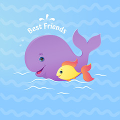 Whale and fish best friends. Vector illustration.