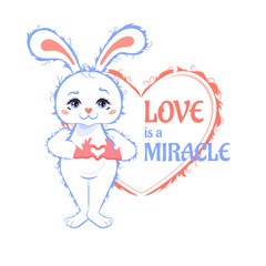 Love is a Miracle Bunny Wizard Greeting Love Card. Vector Illustration.