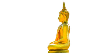Golden Buddha statue isolated on white background.