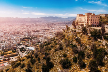 Obraz premium Panoramic view of city Palermo, Sicily, Italy. Winding climb park Belvedere of Monte Pellegrino. Aerial photo