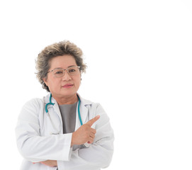 Happy and confident Asian senior doctor in white uniform with stethoscope