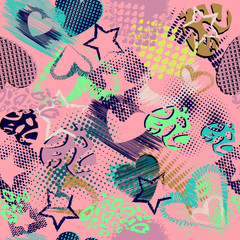 Abstract grunge sport pattern children for girls and boys. Creative vector sport pattern with dots, hearts, lines, stars. Funny wallpaper for textile and fabric. Fashion sport style.