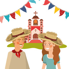 farmers couple talking with background houses