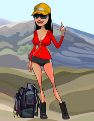 cartoon girl traveler in the mountains shows a finger gesture