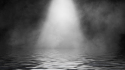 Spotlight smoke with reflection in water. Mistery fog texture overlays background. Design element.
