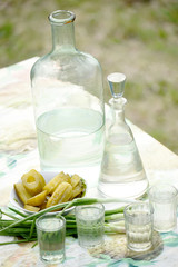 Strong alcoholic homemade drink moonshine in glass vintage containers and pickled cucumbers. Traditional rural still life of Ukraine.