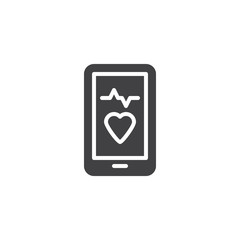 Mobile heartbeat rate app vector icon. filled flat sign for mobile concept and web design. Smartphone with heart pulse glyph icon. Symbol, logo illustration. Pixel perfect vector graphics