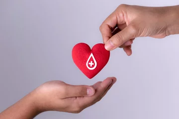 Woman hand gives a red heart to a boy hand for blood donation concept,World blood donor day. Copy space for advertisers. © Phongsakorn