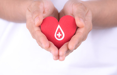 Woman hands holding red heart with donor sign for blood donation concept,World blood donor day. Copy space for advertisers.