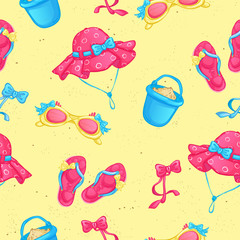 Seamless vector pattern with beach accessories: panama, sunglasses, beach sandals, baby bucket on a yellow background with sand texture.