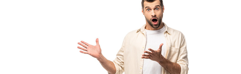 panoramic shot of surprised man looking at camera and Gesturing with hands Isolated On White