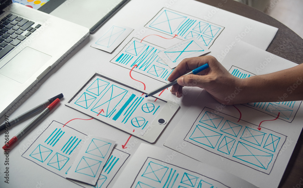Poster ux graphic designer creative sketch planning application process development prototype wireframe for