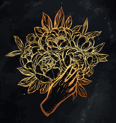Vector illustration. Peonies bouquet in the hand. Handmade, background chalkboard, tattoos, prints on T-shirts. gold color