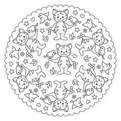 Coloring page mandala with cat and bird.. SPRING. Vector Illustration.