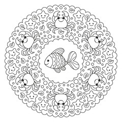 Coloring page mandala with a crab and a fish. Vector Illustration.