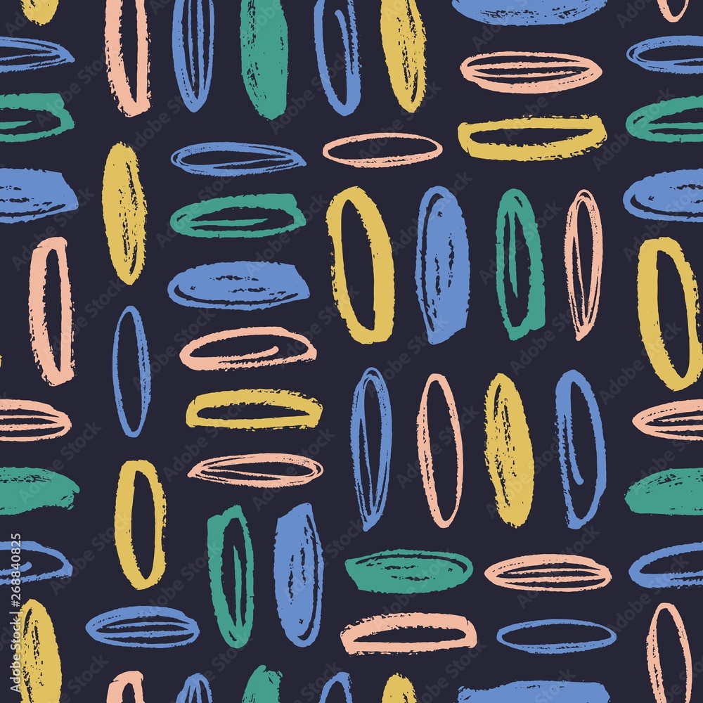 Poster Seamless pattern with rough oval brush strokes on black background. Decorative backdrop with rounded paint marks or scribble. Hand painted vector illustration for wrapping paper, fabric print.