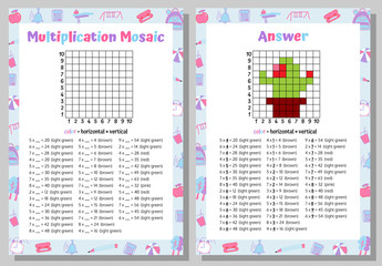 Multiplication Mosaic Math Puzzle Worksheet. Educational Game. Coloring Book Page Mathematical Game. Pixel Art. Vector illustration.