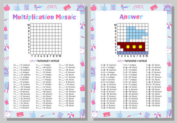 Multiplication Mosaic Math Puzzle Worksheet. Educational Game. Coloring Book Page Mathematical Game. Pixel Art. Vector illustration.