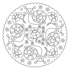 Coloring page mandala for kids with snail, flower and bee. Vector Illustration.