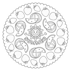 Coloring page mandala for kids with summer strawberries and watermelon. Vector Illustration.