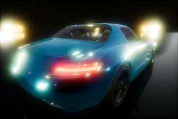 Fototapeta na wymiar luxury sport car in dark studio with bright lights