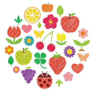 Pretty colorful shape illustration set  (handwriting style / Colored pencil stroke) . flowers,fruits,insects,leaves etc. Arrange in a circle.