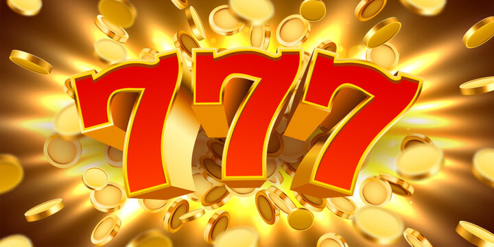 Golden slot machine 777 with flying golden coins wins the jackpot. Big win concept.
