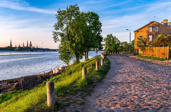 View on medieval church and historical part of Riga from old street of Kipsala island, Latvia, EC