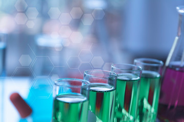 Glass laboratory chemical test tubes with liquid for analytical , medical, pharmaceutical and scientific research concept.