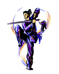  Master of wushu, Shaolin warrior in a purple kimono with a sword on training. Graphic color sketch on a white background.