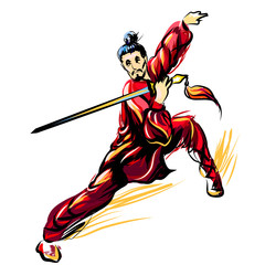 Master of wushu, Shaolin warrior in a red kimono with a sword on training. Graphic color sketch on a white background.
