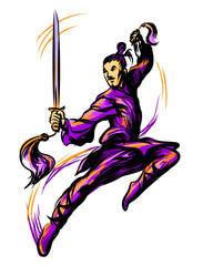 Master of wushu, Shaolin warrior in a jump in a purple kimono with a sword on training. Graphic color sketch on a white background.