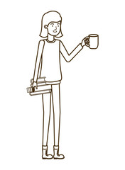 woman with books and cup of coffee in white background
