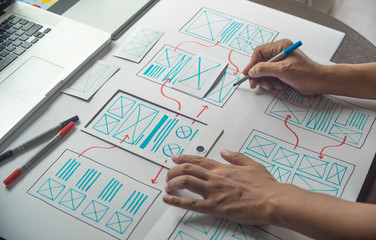ux Graphic designer creative  sketch planning application process development prototype wireframe for web mobile phone . User experience concept.